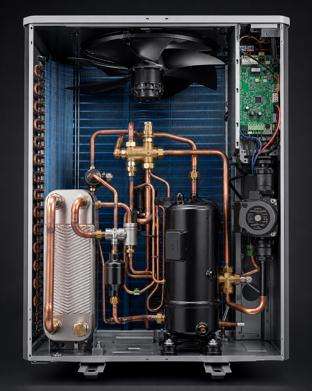 Intérieur de la pompe à chaleur Vaillant aroTHERM Pro : compresseur scroll, échangeur à plaques, vanne 4 voies et ventilateur